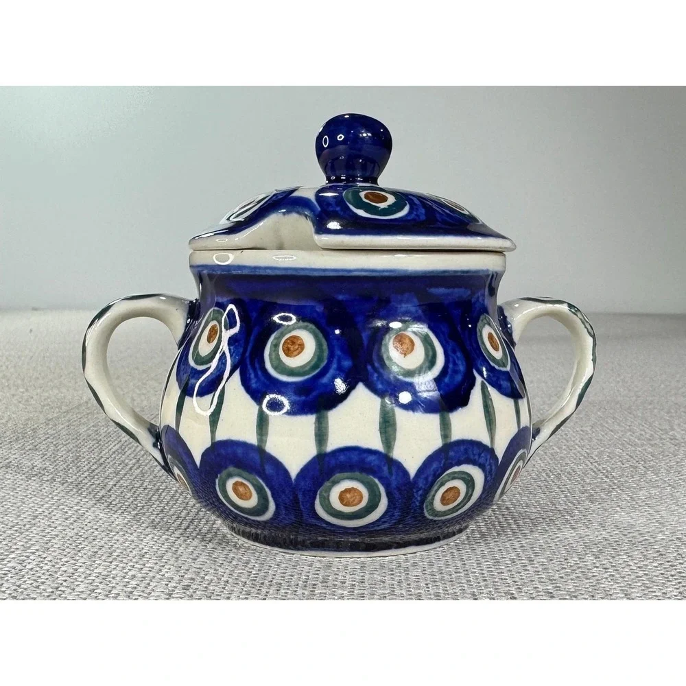 Polish Pottery Peacock Double Handle Sugar Bowl with Lid